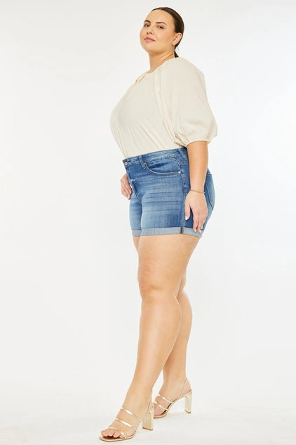 Kan Can USA Plus High Rise Cuffed Shorts JEANS - Medium Wash
