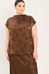 Flying Tomato Plus Size Funnel Neckline Woven Jacquard Top - Brown