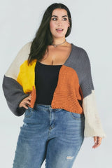 Davi & Dani Plus - Color Block Chunky Knit Balloon Sleeve Cardigan - Grey Combo