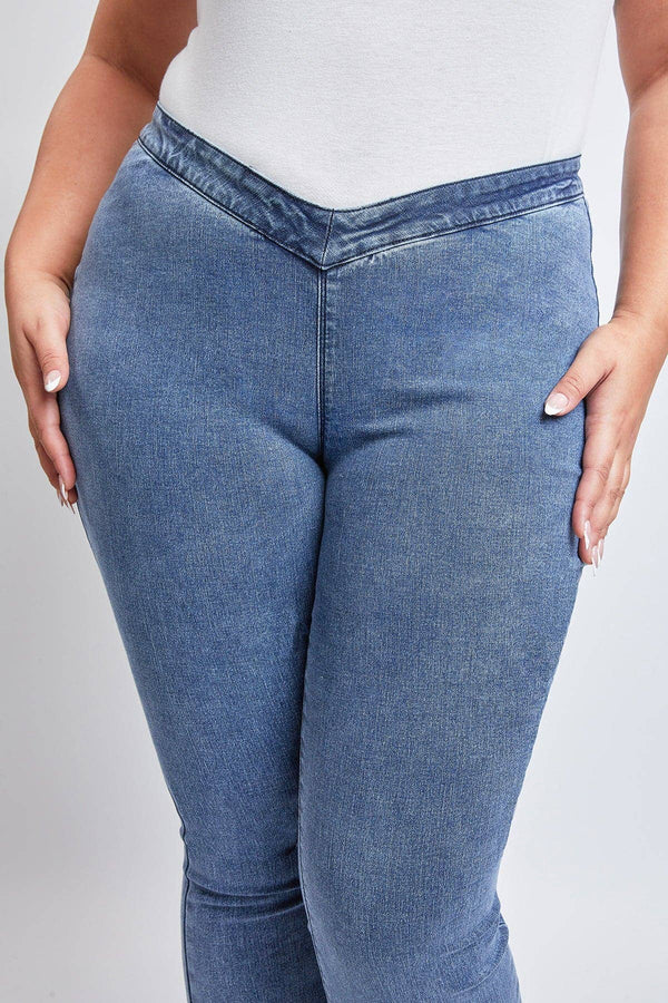 YMI Plus Low-Rise V-Front Pull On Flare Jeans - Denim