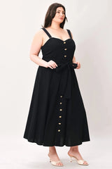 Flying Tomato Plus Size Sweetheart Neckline Solid Woven Midi Dress - Black