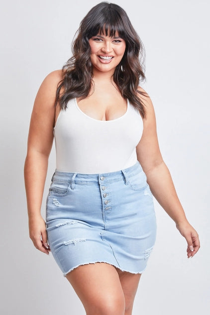 YMI Plus Exposed Button Fray Hem Skirt - Light Blue