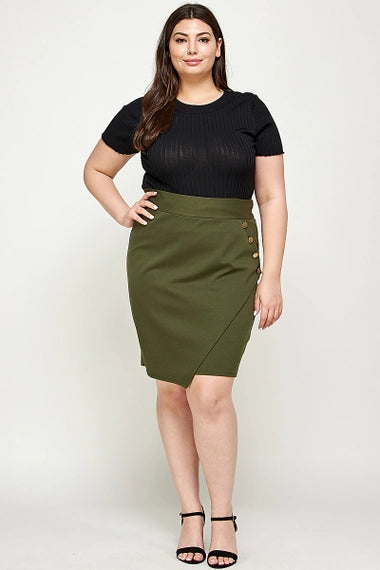 Haute Fox Plus Size Asymmetrical Pencil Skirt with Buttons - Olive