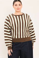Flying Tomato Dolman Sleeve Sweater Knit Top - Brown/Ivory