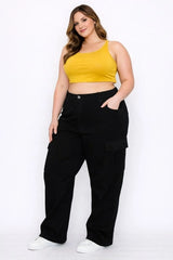 D.ROCK Plus Size Denim Pants Pockets Baggy Cargo Jeans - Black Dark Wash