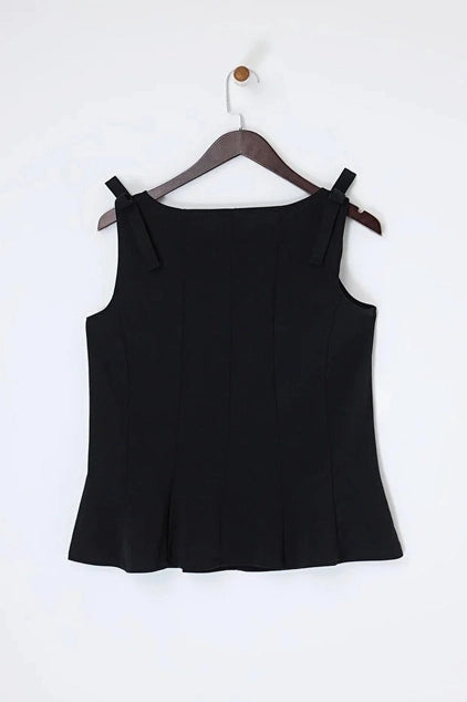 WOJCOR Plus Size Sleeveless Peplum Blouse with Waist and Shoulder Bow Detail