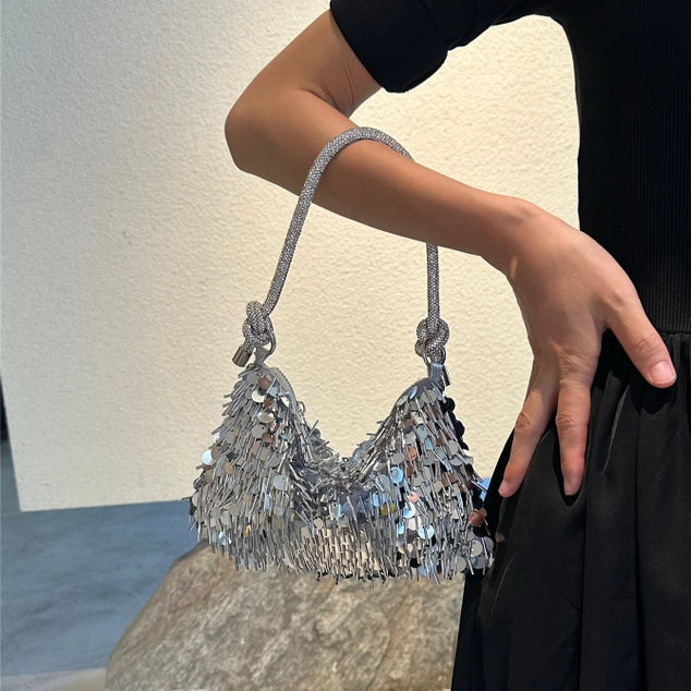 PEACH ACCESSORIES Sparkle and Shine Silver Fringe Bag - Gold