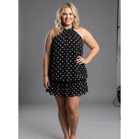 Curve Market Plus Size Polka Dot Mesh Halter Neck Drop Waist Mini Dress