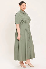 Flying Tomato Plus Size Collar Solid Woven Midi Dress - Olive