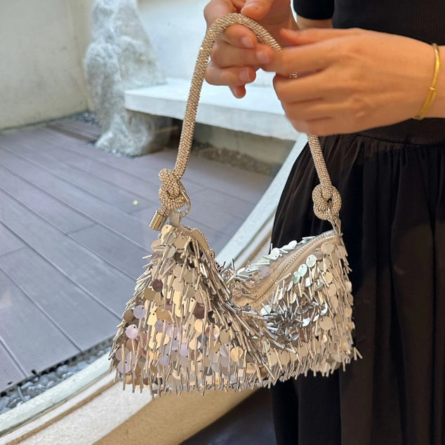 PEACH ACCESSORIES Sparkle and Shine Silver Fringe Bag - Gold