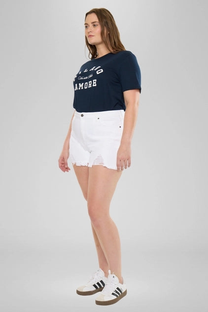 Kan Can USA Plus High Rise Distressed SHORTS - White