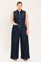 Flying Tomato Plus Size Front Zipper Denim Jumpsuit - Dark Denim