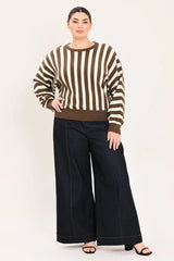 Flying Tomato Dolman Sleeve Sweater Knit Top - Brown/Ivory