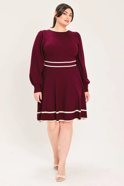 Flying Tomato Plus Size Circle Skirt Sweater Knit Mini Dress - Wine