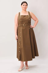 Flying Tomato Plus Size Straight Neckline Solid Woven Midi Dress - Brown