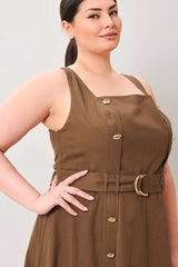 Flying Tomato Plus Size Straight Neckline Solid Woven Midi Dress - Brown