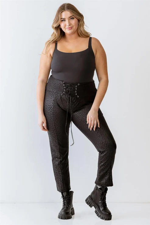 Plus Size Leopard Print Lace-Up Detail Fitted Pants - Black