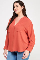Haute Fox Plus Size V-Neck Back Button Down Long Sleeve Top
