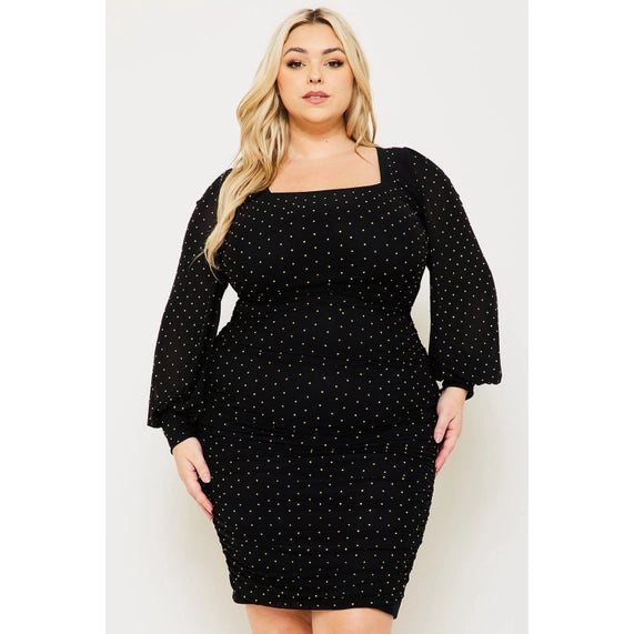DORCAS Rhinestone Square Neck Plus Size Midi Dress