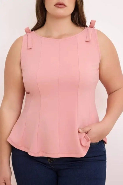WOJCOR Plus Size Sleeveless Peplum Blouse with Waist and Shoulder Bow Detail