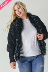Davi & Dani Plus - Marled Knit Cardigan with Faux Fur Trim Collar - Black