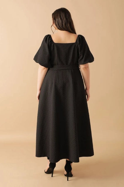 Flying Tomato Plus Size Square Neckline Textured Woven Midi Dress - Black