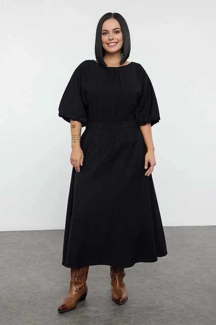WOJCOR Textured Balloon Sleeve Midi Woven Plus Size Dress - Black