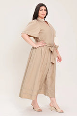 Flying Tomato Plus Size Self Sash Tie Contrasting Woven Midi Dress - Taupe