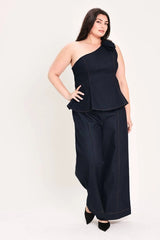 Flying Tomato Plus Size One Shoulder Denim Top - Dark Denim