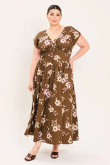 Flying Tomato Plus Size Corset Waist Printed Woven Midi Dress - BROWN FLORAL