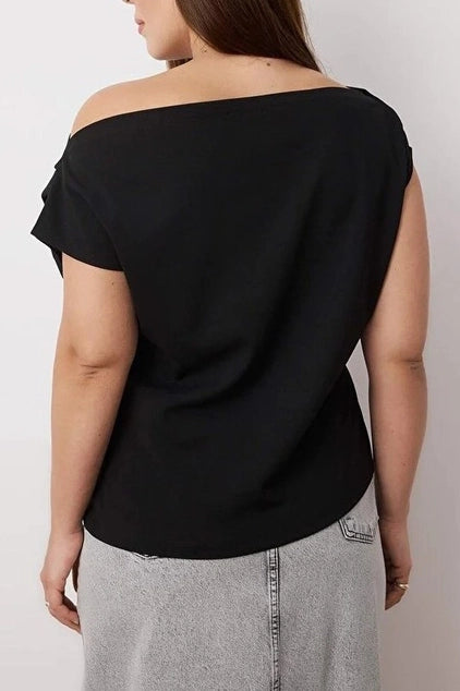 WOJCOR Plus Size Draped Detail Asymmetrical Collar Knitted Blouse