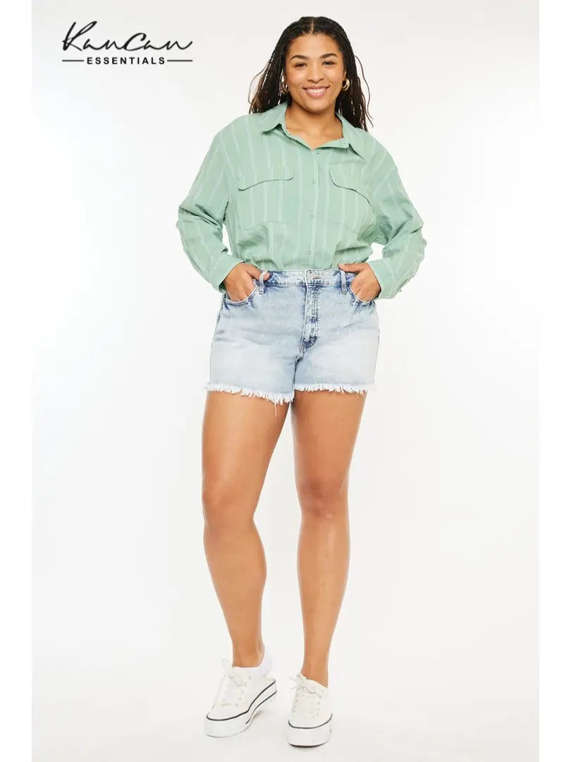 Kan Can USA Plus High Rise Mom Fit Denim SHORTS - Light Blue