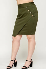 Haute Fox Plus Size Asymmetrical Pencil Skirt with Buttons - Olive