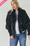 Davi & Dani Plus - Marled Knit Cardigan with Faux Fur Trim Collar - Black
