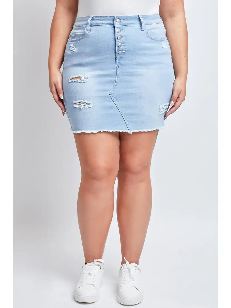 YMI Plus Exposed Button Fray Hem Skirt - Light Blue