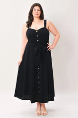 Flying Tomato Plus Size Sweetheart Neckline Solid Woven Midi Dress - Black