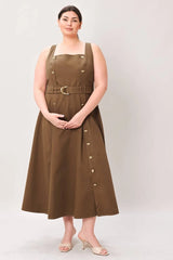 Flying Tomato Plus Size Straight Neckline Solid Woven Midi Dress - Brown