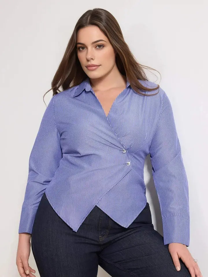 WOJCOR Plus Size Striped Woven Shirt with Silver Button Detail - Navy