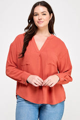 Haute Fox Plus Size V-Neck Back Button Down Long Sleeve Top