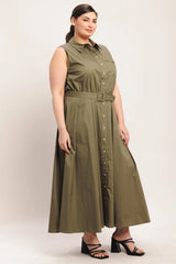 Flying Tomato Plus Size Full Circle Solid Woven Midi Dress - Olive
