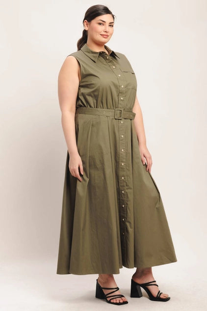 Flying Tomato Plus Size Full Circle Solid Woven Midi Dress - Olive