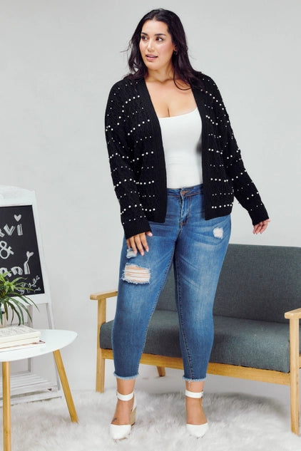 Davi & Dani Plus - Pearl Embellished Open Front Sweater Cardigan - Black