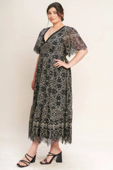 Flying Tomato Plus Size V neckline Woven Lace Midi Dress - Black