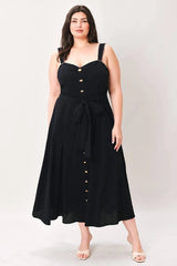Flying Tomato Plus Size Sweetheart Neckline Solid Woven Midi Dress - Black