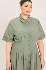 Flying Tomato Plus Size Collar Solid Woven Midi Dress - Olive