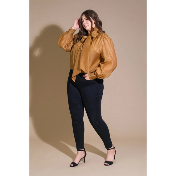 FLYING TOMATO Plus Solid Bow Tie Organza Top - Camel