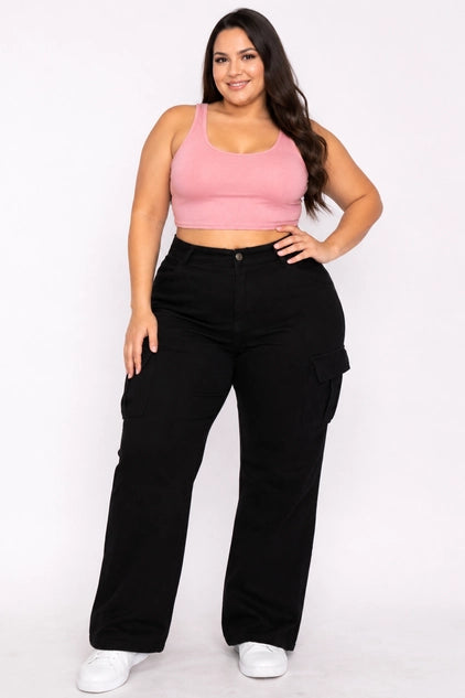 D.ROCK Plus Size Denim Pants Pockets Baggy Cargo Jeans - Black Dark Wash