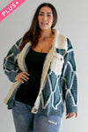 Plus - Diamond Pattern Boucle Collared Button Front Cardigan - Teal