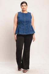 FLYING TOMATO Plus Size Peplum Washed Denim Top - Medium Indigo