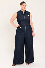 Flying Tomato Plus Size Front Zipper Denim Jumpsuit - Dark Denim